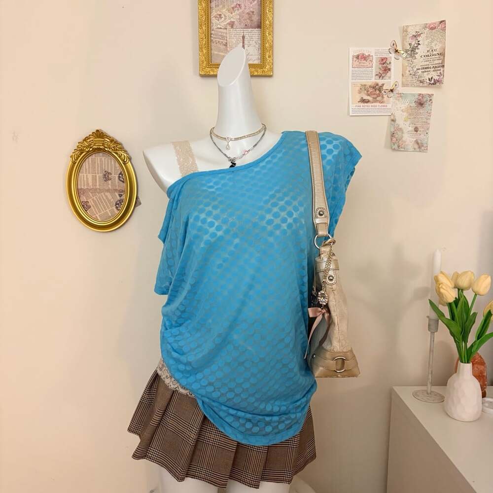 Bobeau y2k Blue Sheer Burnout Polka Dot Off Shoulder Top Asymmetric Blouse Women